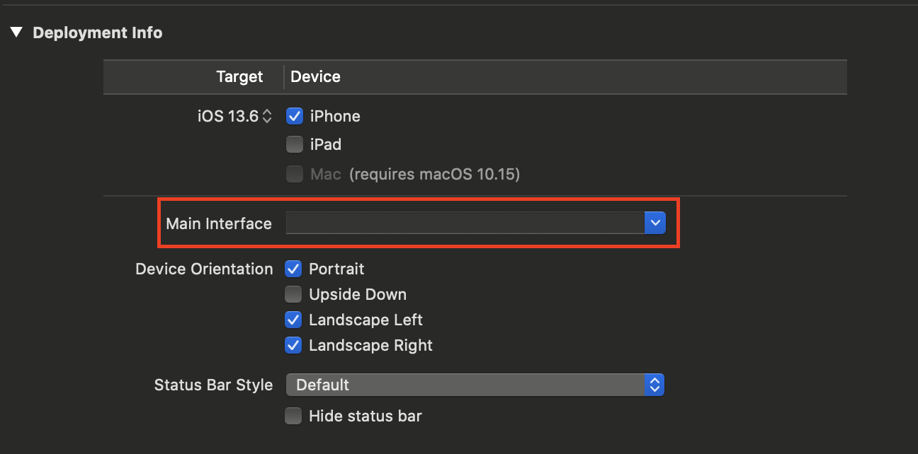 Make sure `Main Interface` is blank in your project settings