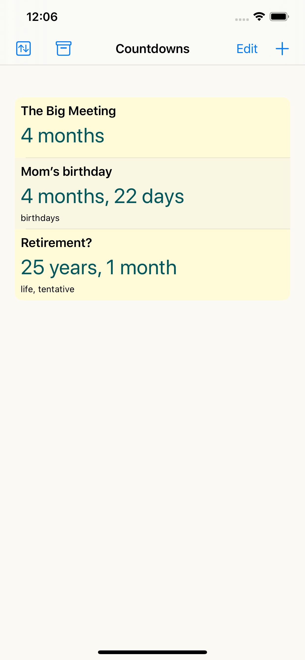 App screenshot showing a list of countdowns